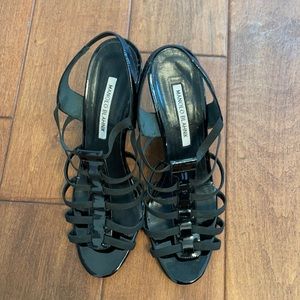 MANOLO BLAHNIK black patent strappy wedge sandals